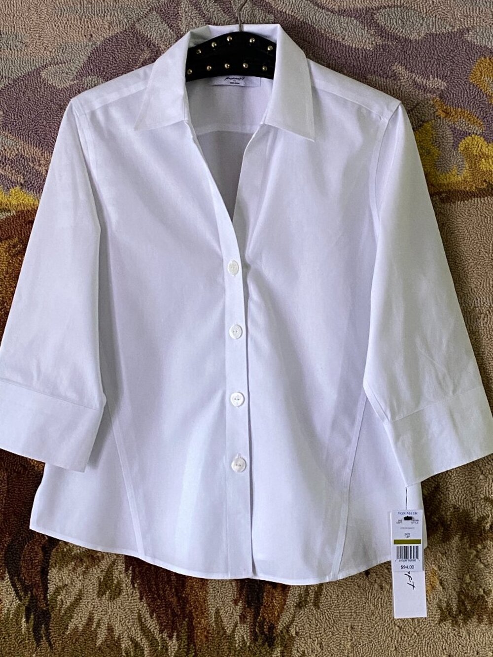 NWT Foxcroft Womens No-Iron White Sz 14P Blouse Button Up Shirt 3/4 Sleeve